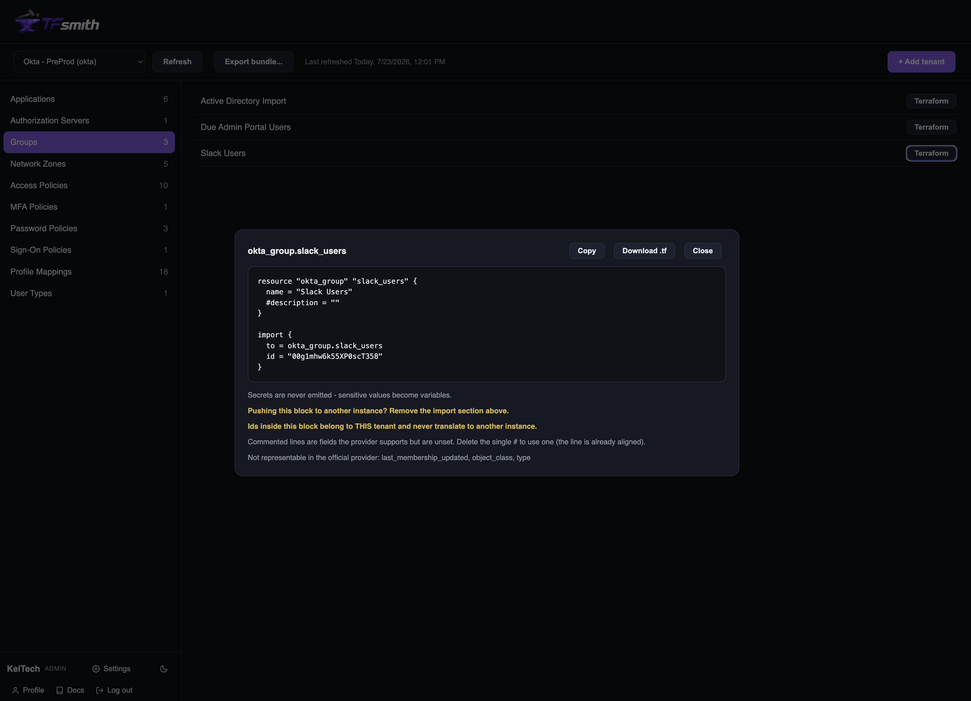 TFsmith showing an Okta group as a Terraform resource block with its import block